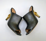 Bottega Veneta Knot Sandals Black Leather Heels with Gold Metal Heel Detail New in Box