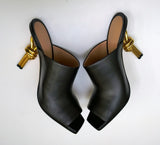 Bottega Veneta Knot Sandals Black Leather Heels with Gold Metal Heel Detail New in Box