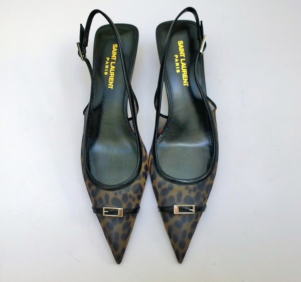 Saint Laurent Oxalis Leopard Mesh Slingback Heels New in Box Kitten 30