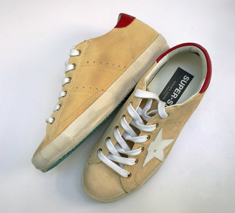 Golden Goose Super Star Wheat Suede with Red Tab and Turquoise Soles New in Box