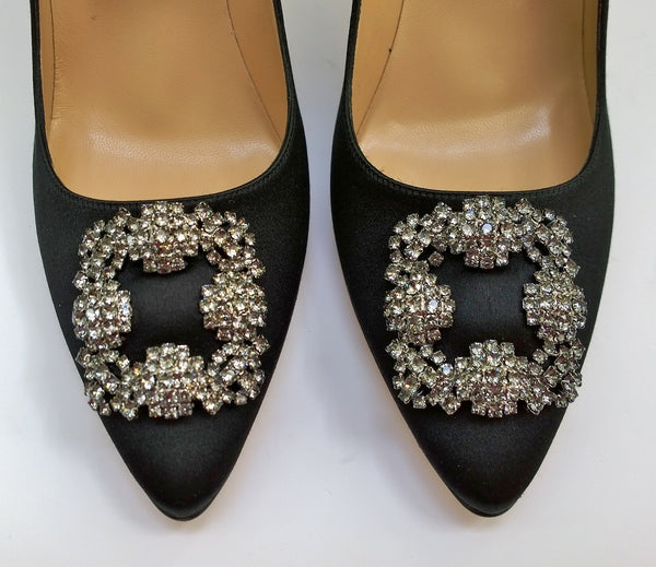 Manolo Blahnik 105 Hangisi Black Satin Rhinestone Buckle High Heels New in Box