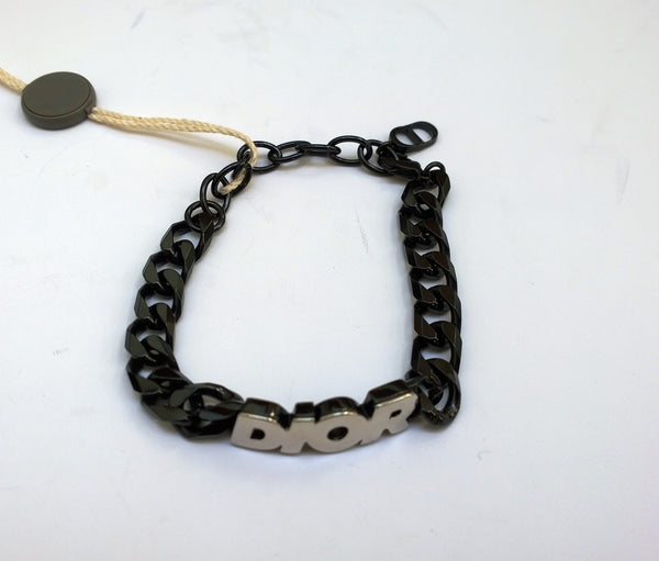 Dior Italic Ruthenium and Silver-Finished Brass Metal Chain Bracelet with Dior Nameplate Logo New