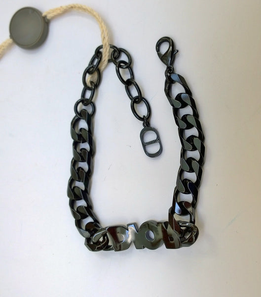 Dior Italic Ruthenium and Silver-Finished Brass Metal Chain Bracelet with Dior Nameplate Logo New