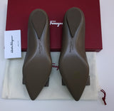 Ferrragamo Viva Bow Flats in Caraway Taupe Grey Brown Leather New in Box Shoes