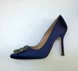 Manolo Blahnik Hangisi 105 Navy Blue Satin High Heels New in Box Buckle Shoes