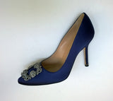 Manolo Blahnik Hangisi 105 Navy Blue Satin High Heels New in Box Buckle Shoes