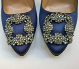Manolo Blahnik Hangisi 105 Navy Blue Satin High Heels New in Box Buckle Shoes