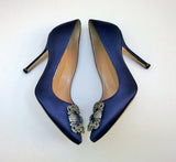 Manolo Blahnik Hangisi 105 Navy Blue Satin High Heels New in Box Buckle Shoes