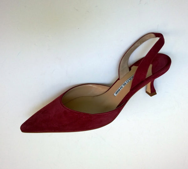 Manolo Blahnik Carolyne Dark Red Suede 50 Slingback Heels New in Box