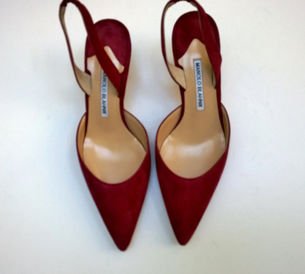 Manolo Blahnik Carolyne Dark Red Suede 50 Slingback Heels New in Box