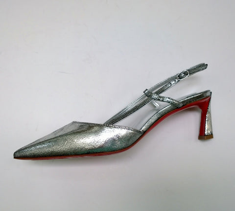 Christian Louboutin Condoroline Silver Crackled Leather Slingback Heels New in Box