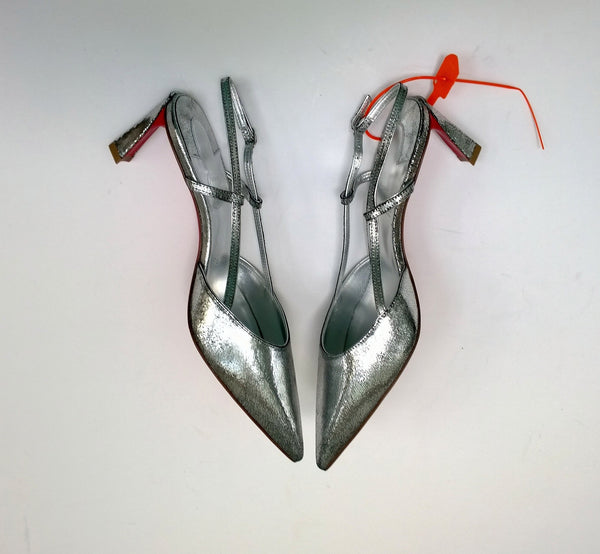 Christian Louboutin Condoroline Silver Crackled Leather Slingback Heels New in Box