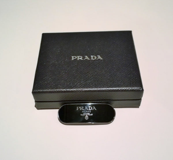 Prada Black and Silver Hair Clip with Enamel Logo New in Box Barette