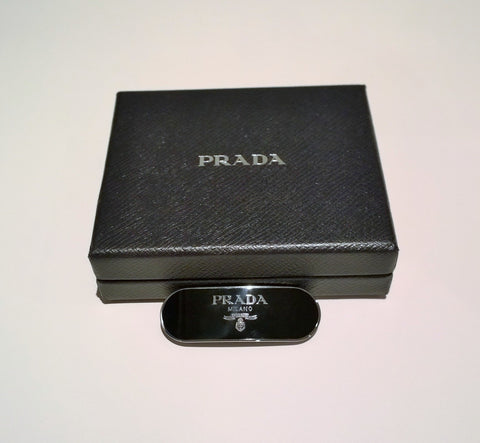 Prada Black and Silver Hair Clip with Enamel Logo New in Box Barette