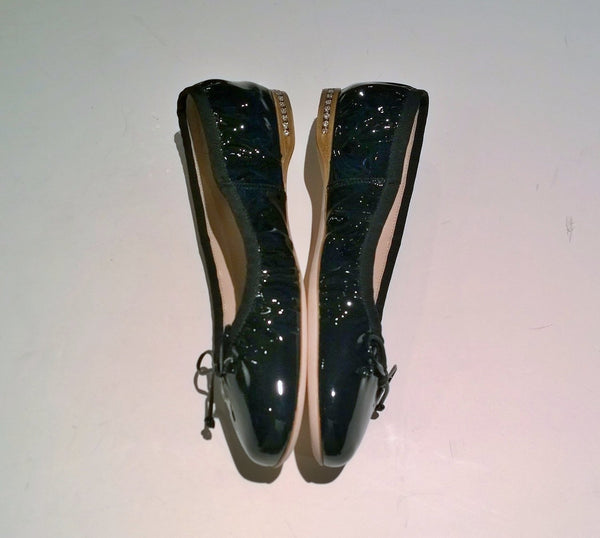 Miu Miu Draped Black Patent Leather Ballet Shoes Pleated Ballerina Flats
