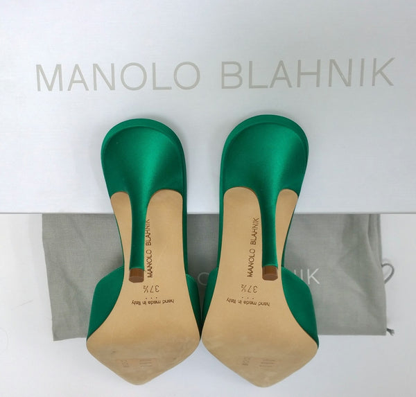 Manolo Blahnik Namutri 90 Emerald Green Satin Mules Rhinestone Buckle Heels
