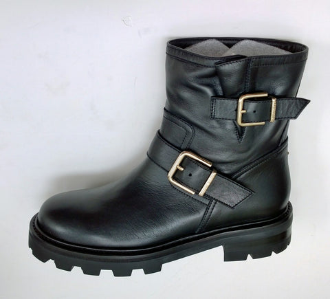 Jimmy Choo Youth Black Leather Biker Ankle Boots with Lug Rubber Sole
