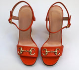 Gucci Horsebit Sandals in Sun Orange Leather Block Heels