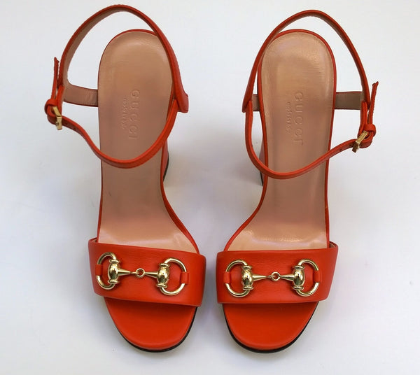 Gucci Horsebit Sandals in Sun Orange Leather Block Heels