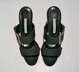 Manolo Blahnik Gable Black Crepe de Chine Mother of Pearl Buckle Slides Sandals New Heels