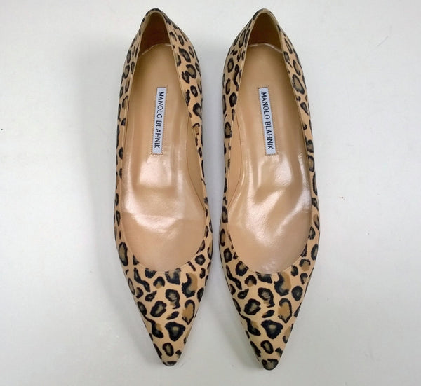 Manolo Blahnik BB Leopard Suede Flats Pointy Shoes New