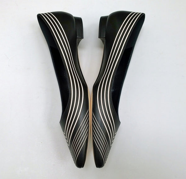 Manolo Blahnik Waldayaflat in Black Nappa Leather with White Gradation Stripes Shoes Flats