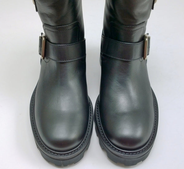 Jimmy Choo Youth Black Leather Biker Ankle Boots with Lug Rubber Sole