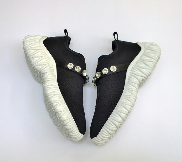 Miu Miu Matelasse Black Stretch Fabric Sneakers with Rhinestone Detail