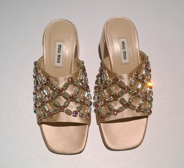 Miu Miu Crystal Sandals 65 Pink Satin Slides Rhinestones