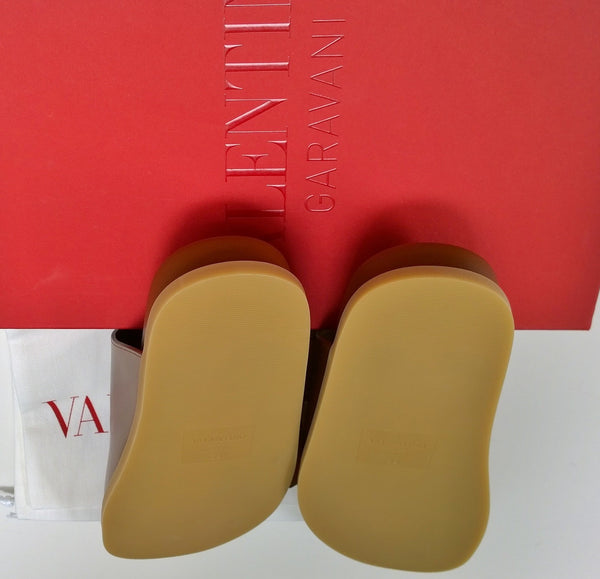 Valentino Garavani Roman Stud Brown Leather Slides with Gold Rockstud Sandals