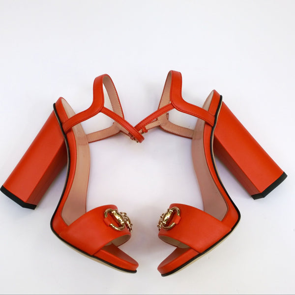 Gucci Horsebit Sandals in Sun Orange Leather Block Heels