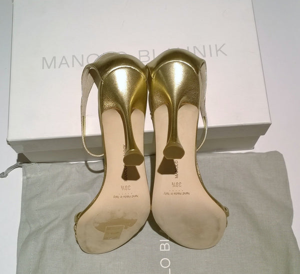 Manolo Blahnik Caracol 105 Gold Nappa Leather Sandals Heels NIB