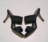 Manolo Blahnik Gable Black Crepe de Chine Mother of Pearl Buckle Slides Sandals New Heels