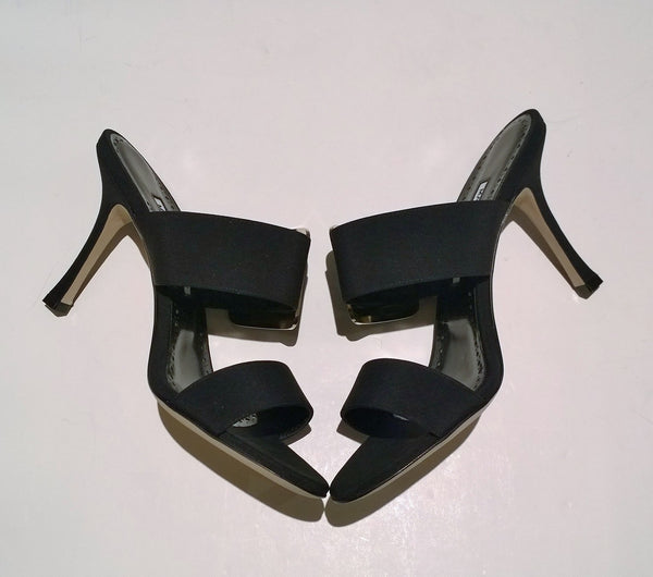 Manolo Blahnik Gable Black Crepe de Chine Mother of Pearl Buckle Slides Sandals New Heels