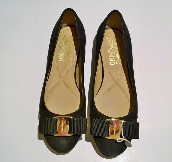 Ferragamo Black Suede Varina Bow Flats US 4.5C