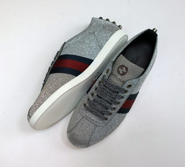 Gucci Bambi GG Silver Glitter Sneakers with Silver Studs, Grosgrain and Tiger Detail