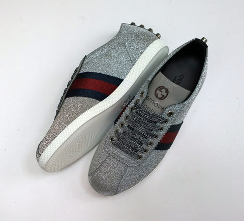 Gucci Bambi GG Silver Glitter Sneakers with Silver Studs, Grosgrain and Tiger Detail