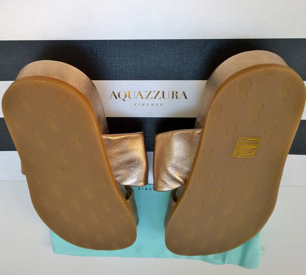 Aquazzura Twist Rose Gold Leather Flat Sandals Slides
