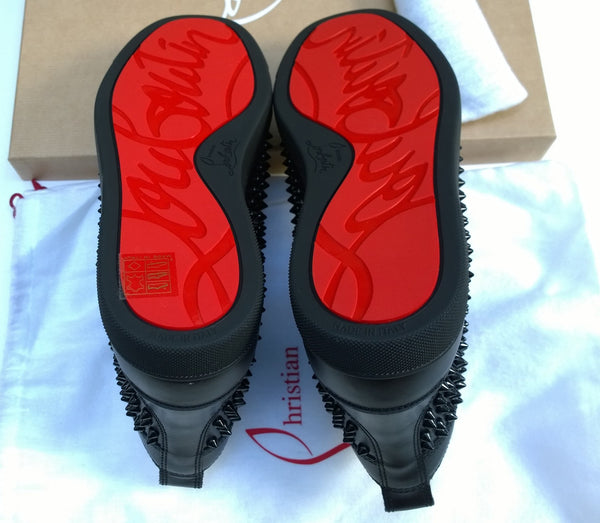 Christian Louboutin Louis Orlato Flat High Top Black Leather Sneakers with Spikes