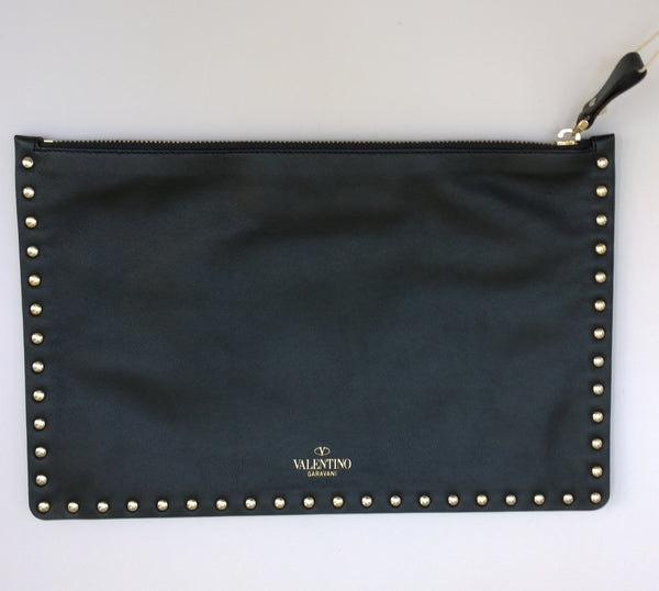 Valentino Garavani Rockstud Clutch Bag in Black Leather Gold Studs Evening Handbag