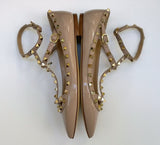 Valentino Garavani Rockstud Poudre Patent Flats Beige Ankle Strap Shoes