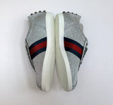 Gucci Bambi GG Silver Glitter Sneakers with Silver Studs, Grosgrain and Tiger Detail