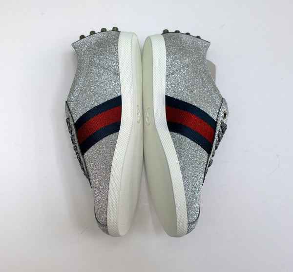 Gucci Bambi GG Silver Glitter Sneakers with Silver Studs, Grosgrain and Tiger Detail