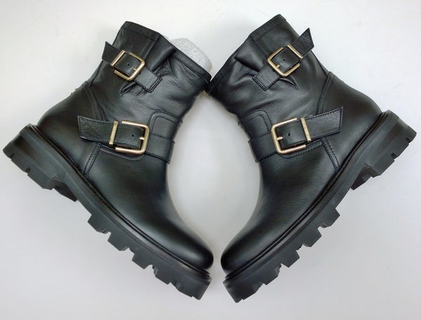 Jimmy Choo Youth Black Leather Biker Ankle Boots with Lug Rubber Sole