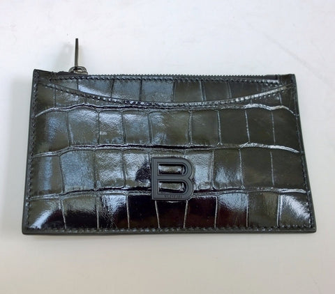 Balenciaga Black Patent Leather Card Case B Logo Croc Embossed Wallet Coin Holder