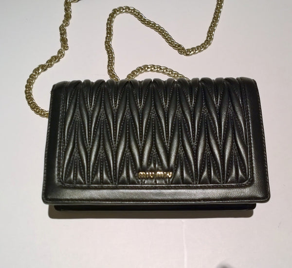Miu Miu Confidential Black Leather Matelassé Gold Tone Chain Bag Small