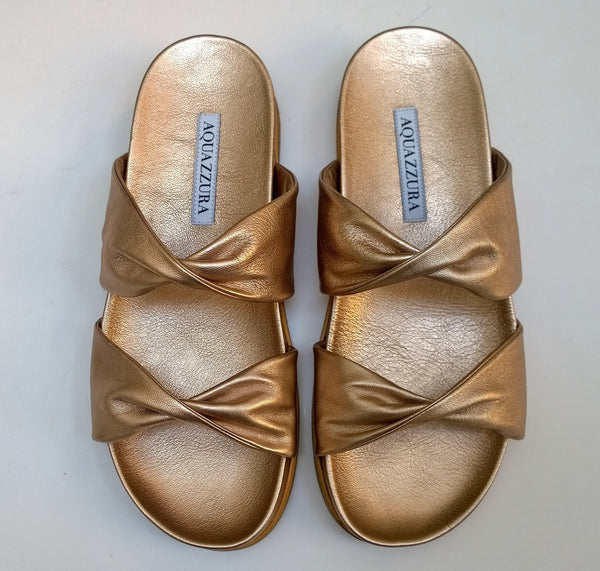 Aquazzura Twist Rose Gold Leather Flat Sandals Slides