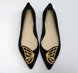 Sophia Webster Bibi Butterfly Black Suede with Yellow Gold Embroidery Pointy Flats Shoes
