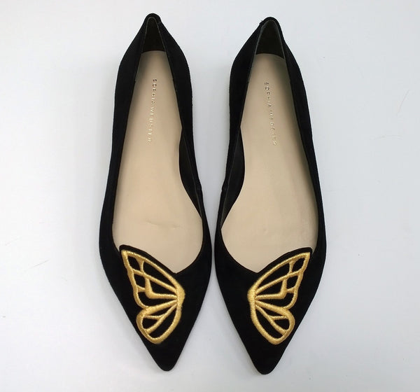 Sophia Webster Bibi Butterfly Black Suede with Yellow Gold Embroidery Pointy Flats Shoes