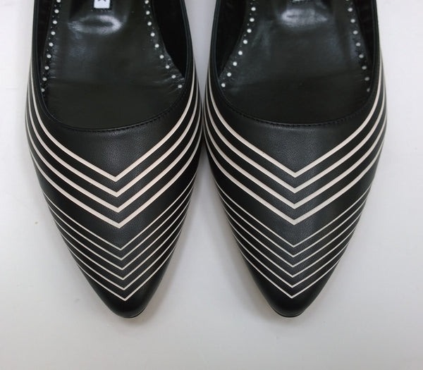 Manolo Blahnik Waldayaflat in Black Nappa Leather with White Gradation Stripes Shoes Flats